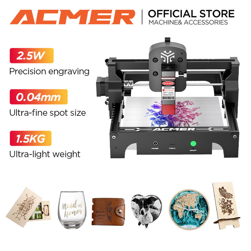 Η ACMER S1 Mini Portable Laser Engraver Machine 0.04*0.04mm Μέγεθος σημείων για ξύλο από ανοξείδωτο χάλυβα